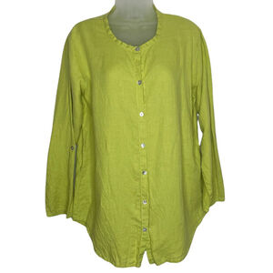 Flax Women Linen Tunic Top Small Chartreuse Button Down‎ Lagenlook Minimalist